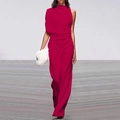 Detail of elegant rose red sleeveless jumpsuit featuring a high-neck and wide-leg trousers - Burgundy
