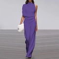 Detail of elegant dark purple sleeveless jumpsuit with high neck and side draping detail - Purple