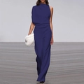 Detail view of navy blue one-shoulder sleeveless jumpsuit with wide-leg trousers design - S / Navy Blue