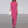 Detail of rose pink one-shoulder jumpsuit featuring draped neckline and wide leg cut - Magenta