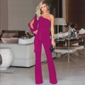 Elegant one-shoulder wide-leg jumpsuit in vibrant magenta pink with waist belt tie - Rose Red