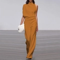 Detail of dark orange sleeveless wide-leg jumpsuit with elegant draped neckline style - Yellow Orange