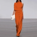 Detail of elegant bright orange asymmetric high-neck top and wide-leg trouser set - Orange