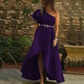Detail of purple one-shoulder evening gown with ruffled sleeve and golden flower belt - S / Purple