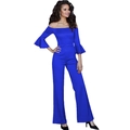 Detail view of royal blue off-shoulder jumpsuit with ruffled bell sleeves and wide legs - S / Blue