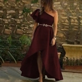 Elegant one-shoulder wine red high-low evening dress with floral silver waist belt - S / Burgundy