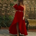 Elegant red one-shoulder evening gown with ruffled sleeve and decorative floral belt - S / Red