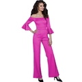 Detail of rose red off-shoulder jumpsuit with ruffled sleeves and flared leg trousers - S / Magenta