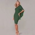 Detail of elegant dark green one-shoulder dress with a flowing cape sleeve and bodycon fit - S / Green
