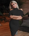Detail of a black bodycon midi dress with a sleek high neck and cut-out shoulder design - S / Black