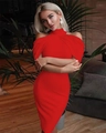 Detailed view of the red halter neck bodycon dress featuring a slim fit and midi length - S / Red