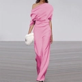 Elegant pink off-shoulder wide-leg jumpsuit with draped waist and chic sleeveless design - S / Pink