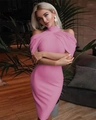 Detailed close-up of pink mock neck cold-shoulder dress with elegant sleeve ruching - S / Pink