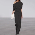 Elegant black one-shoulder jumpsuit with wide-leg trousers and pleated waist design - S / Black