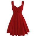 Elegant retro red V-neck party dress with high waist and pleated flared skirt design - S / Red