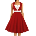 Detail of red sleeveless vintage dress featuring a white heart-shaped neckline and waist belt - S / Red