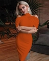 Detail of orange halter cold-shoulder bodycon dress showing the slim fit and fabric texture - Orange
