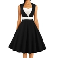 Detail view of monochrome sleeveless dress with heart-shaped neckline and a white waist belt - S / Black