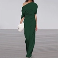 Detail of forest green off-shoulder jumpsuit featuring draped pleated top and wide-leg trousers - Dark Green