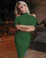Detail of dark green halter neck bodycon dress with off-shoulder pleated sleeves - Dark Green