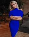 Detail of blue bodycon halter dress featuring cold shoulder cut and high neckline - Blue