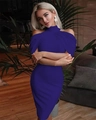 Detail of royal blue halter neck dress featuring off-shoulder ruching and slim fit design - Dark Blue