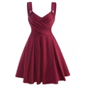 Close-up of burgundy V-neck sleeveless dress featuring white buttons and pleated details - S / Burgundy