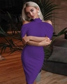Detailed close-up of purple halter neck bodycon dress with cut-out shoulder design - Purple