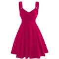 Detail of rose red vintage dress featuring a wrap V-neckline and pleated waist design - S / Rose Red