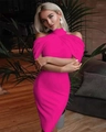 Detail of rose pink halter neck bodycon dress with cut-out shoulders and knit fabric - Rose Red