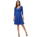 Elegante koningsblauwe A-lijn cocktailjurk met V-hals, 3/4 mouwen en een hoge taille - S / Blauw