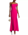 Detail of fuchsia one-shoulder evening gown with high side slit and slim fit silhouette - Rose Red