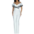 Eleganter weißer schulterfreier Jumpsuit mit schwarzen Volants und weitem Bein - S / Weiß
