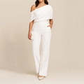 Detail of white one-shoulder jumpsuit featuring elegant draped bodice and side pockets - S / White