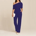 Elegant deep purple one-shoulder jumpsuit with cinched waist and wide leg trousers - S / Dark Blue