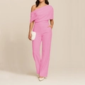 Detail of pink one-shoulder jumpsuit with draped pleats and wide-leg trousers design - S / Pink
