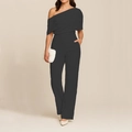 Elegant one-shoulder wide-leg jumpsuit for women featuring a high-waist slim fit silhouette - S / Black