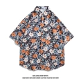 Men's Hawaiian short sleeve shirt with tropical floral print in orange and grey - M / Black