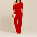 Elegant red one shoulder wide leg jumpsuit with waist cinching for a sophisticated look - S / Red