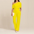 Detail of elegant one shoulder jumpsuit in bright yellow with pleated waist and wide legs - S / Yellow