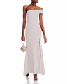 Detail of elegant one-shoulder evening gown with a high side slit in pale violet grey - White