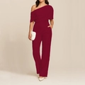 Detail of burgundy one-shoulder jumpsuit with tailored waist and wide-leg trousers - S / Burgundy