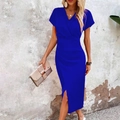 Detail of royal blue wrap V-neck midi dress with waist tie and side slit detail - Blue