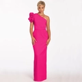 Close-up of bright pink one-shoulder gown featuring an elegant puffed lantern sleeve detail - Rose Red