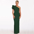 Detail of elegant dark green one-shoulder evening gown with dramatic puff sleeve detail - Green