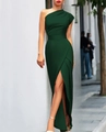 Detailed view of the draped pleats and high slit on a dark green one-shoulder evening gown - Dark Green