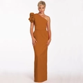 Detail of elegant one-shoulder evening gown with dramatic pleated lantern sleeve in orange - Earthy Yellow