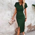 Deep green V-neck midi dress with ruched waist and side slit for a slim fit summer look - Dark Green