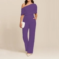Detail of elegant dark purple one-shoulder jumpsuit with wide-leg trousers for women - S / Purple