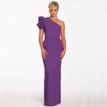 Detail of elegant one-shoulder purple evening gown with a ruffled lantern sleeve design - Purple